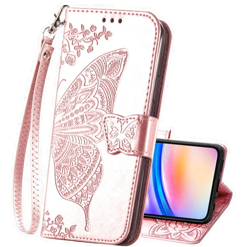 HAOTP for Samsung Galaxy A05 Phone Case Wallet,Women Flip Folio Cover Galaxy A05 Credit Card Holders Emboss Butterfly Flower PU Leather Purse Wrist Strap Kickstand Case for Samsung Galaxy A05 Rose Gold