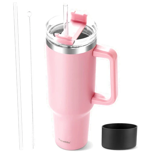 TaroKitc 40 oz Tumbler with Handle and Straw, Pink Insulated Travel Mug Iced Coffee Cup, Reusable Stainless Steel Insulated Water Bottle, Keeps Drinks Cold for 34 Hours, Women Christmas Gifts for Mom Grandma