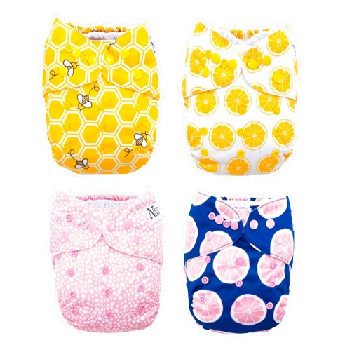 Nora's Nursery Cloth Pocket Diapers 4 Pack with 4 Inserts - Waterproof Cover, Washable, Reusable & One Size Adjustable Pocket Diapers for Newborns and Toddlers - The Bee's Knees