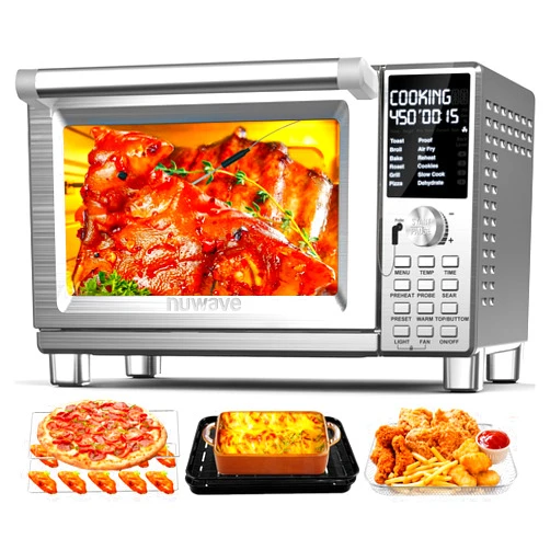 Nuwave Bravo Pro Smart Toaster Oven Countertop, True Air Fryer Combo w/Improved 100% Convection, 35% Crispier, 112 Presets, Customizable Pizza Zones, Integrated Probe, PFAS Free, 30QT, Stainless Steel