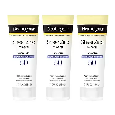 Neutrogena Sheer Zinc Oxide Dry-Touch Sunscreen Lotion with Broad Spectrum SPF 50 UVA/UVB Protection, Water-Resistant, Hypoallergenic & Non-Greasy Mineral Sunscreen, Paraben-Free, 3 fl. oz (Pack of 3) 3 Fl Oz (Pack of 3) SPF 50