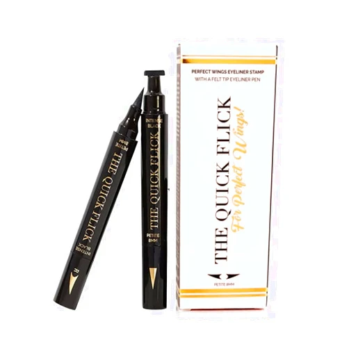 The Quick Flick Winged Eyeliner Stamp – Waterproof & Smudge Proof Vegan Cat Eye Stamp Eyeliner – 3mm Thick Winged Stamp & 8mm Petite Felt-Tip Liquid Hypoallergenic Eyeliner Pen (Intense Black-2 Pen)