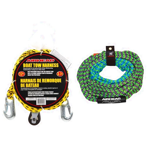 Airhead Self Centering Tow Harness for 1-2 Rider Towable Tubes & 2 Section Tow Rope | 1-4 Rider Towable Tube Rope, Dual Sections, 4,150lb Break Strength, 50 ft and 60 ft Options, Rope Keeper Included