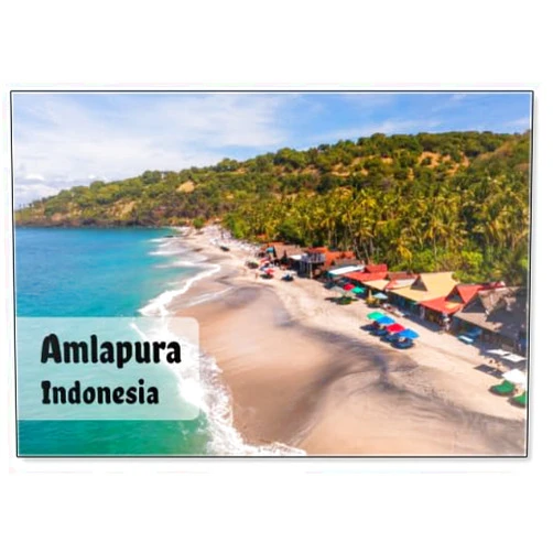 Photomagnet Bali, Indonesia: Aerial Landscape of The Virgin Beach near Amlapura and Candidasa in Eastern Bali with A Few Drink and Food Stands. Design 1, Fridge Magnet