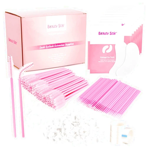 Beauty Star 4x100 Lash Tech Stuff Supplies Kit, Beauty Star Eyelash Extension Supply Essentials, 100 Pairs Under Eye Gel Pads, 100 Mascara wands, 100 Micro Applicators Brush, 100 Glue Ring Holder, 4 Lashing Tape