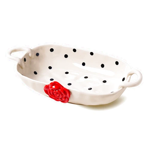 FEEGAVE Polka Dots Baking Dishes, Ceramic Rectangular Baking Tray, Cute Porcelain Pie Pan, White Safety Ceramics, 3d Red Roses Flower, Small Mini Casserole Dish with Double Handle,10