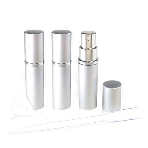 L'AUTRE PEAU Refillable Perfume & Cologne Fine Mist Atomizers with Metallic Exterior & Glass Interior - 5ml Portable Travel Size - 3ml Squeeze Transfer Pipette Included (3 Pack, Silver)