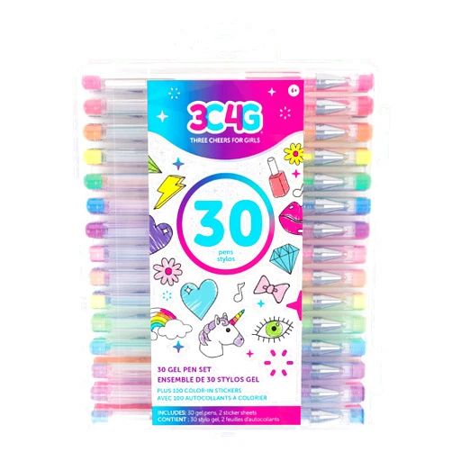 3C4G Three Cheers for Girls by Make It Real - 30 Piece Gel Pen Set - Colored Gel Pens with Metallic, Pastel, Neon, Rainbow & Glitter - Cute Pens for Drawing, Coloring or Journaling - Includes 100+ Stickers