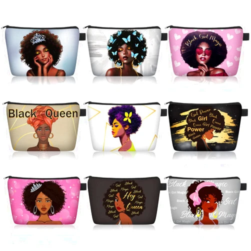 Chunful 9 Pcs Black Women Makeup Bag African American Make up Pouch Bags Canvas Travel Cosmetic Bags for Women Queen Zippered Toiletry Bag Reusable Multi Purpose Organizer for Adults (Fresh Style)