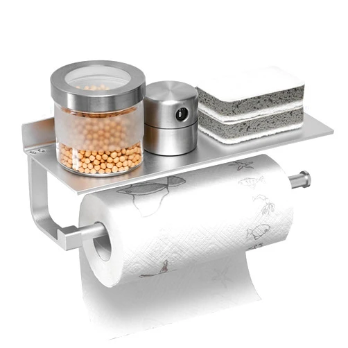 BESy Adhesive Paper Towel Holder Wall Mounted for Kitchen 13 in, Bathroom Tissue Roll Hanger with Storage Shelf, Space Aluminum, Self Adhesive with Glue or Wall Mount with Screws, Dull Polished Silver