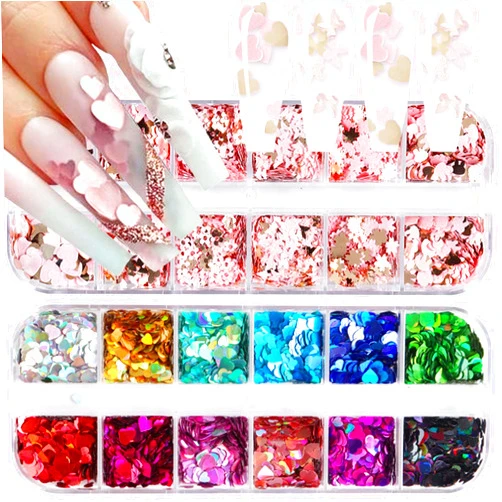 KASOICRA 24Grid Heart Nail Art Glitter Sequins Holographic Gold Pink Flower Butterfly Nail Sequins Valentine's Day Nail Flakes Colorful Heart Nail Glitter Nail Accessories for Women Acrylic Nail Decoration