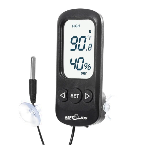REPTI ZOO Reptile Thermometer Hygrometer, Digital Alarm Thermo-Hygrometer with Probe LCD Digital Display & Suction Cup for Reptile Terrariums