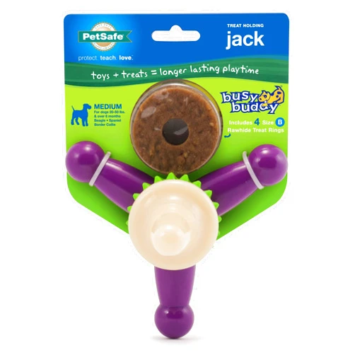 PetSafe Busy Buddy Jack - Treat Holding Dog Chew Toys - Helps Clean Teeth - Vanilla Scented Rubber for Strong Chewers - Treat Refills Included, Interactive Dog Toy Helps Keep Dogs Busy, Purple, Medium