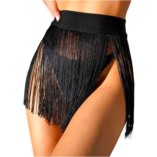 ROSEXXY Boho Fringe Beach Cover Up for Women - High Waisted Tassel Mesh Black Mini Skirt Rave Sheer Dress Festival Outfit