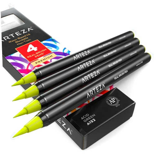 Arteza Real Brush Pens, A152 Acid Green, Pack of 4, Watercolor Pens with Nylon Brush Tips, Art Supplies for Dry-Brush Painting, Sketching, Coloring & Calligraphy Pack of 4 A152 Acid Green