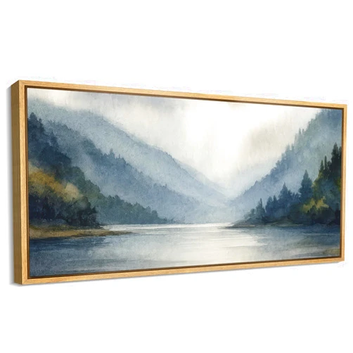 MUDECOR Extra Large Framed Canvas Print Wall Art Blue Mountain Valley Landscape Misty Lake Antique Retro Fine Art Illustrations Decorative Colorful for Bedroom - 60