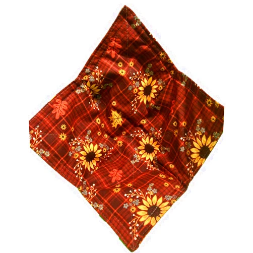Handmade Gift Set of 2 Bowl Cozies - Amber Harvest Cotton Print - aka Microwave Hot Pads aka Bowl Oven Mitts - 8.5 inches for up to 8 inch bowls - Autumn Sunflowers in Brick Red Plaid