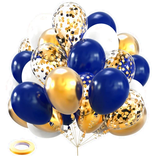 Kelfara Navy Blue and Gold Confetti Balloons, 60 pcs 12 inch Pearl White and Gold Metallic Chrome Party Latex Balloon with 33 Ft Gold Ribbon for Birthday,Wedding and Celebration Graduation Decoration