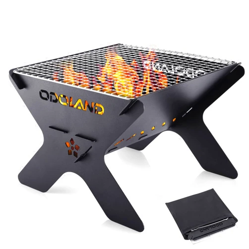 Odoland Camping Campfire Grill, Portable Folding Charcoal Grills, Backpacking BBQ Grill, Heavy Duty Firepit Grill with Carry Bag for Outdoor Cooking, Bonfire, Patio, Backyard