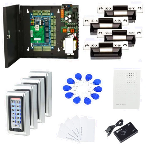 MENGQI-CONTROL Waterproof Metal Keypad Reader Standard North American Strike Lock TCPIP 4 Doors Access Control Systems 110-240V Power Box +RFID Key Fob/Card