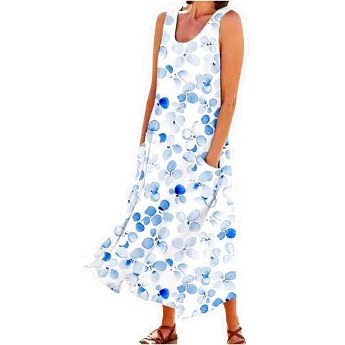 Generic Floral Summer Dress Casual Sleeveless Cotton Linen Long Dress Flowy Beach Floral Print Dresses with Pockets