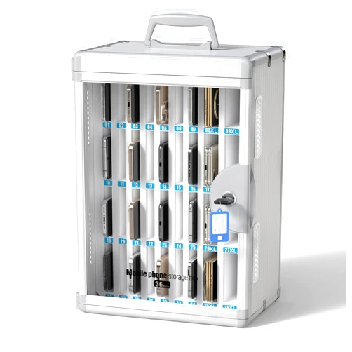 Glosen Cell Phone Locker 36 Slots, Portable Phone Storage Cabinet [Wall Mounted] [Silver 36Slots-Universal Key ] Aluminum Alloy Cellphone Lock Box with Key & Handle for School Classroom Office Exam