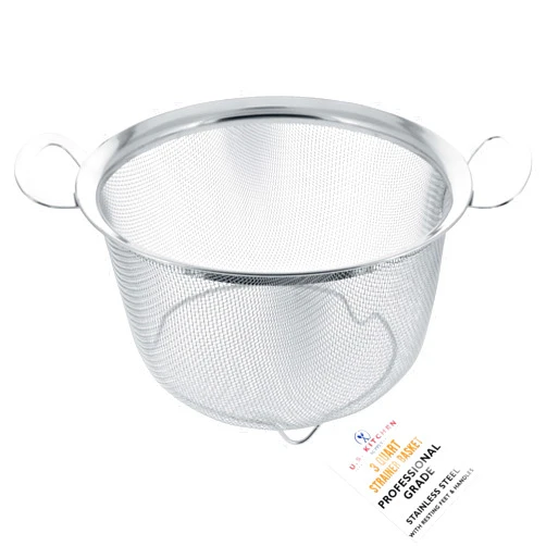 U.S. Kitchen Supply 3 Quart Stainless Steel Mesh Net Strainer Basket with a Wide Rim, Resting Feet and Handles - Colander to Strain, Rinse, Fry, Steam or Cook Vegetables & Pasta