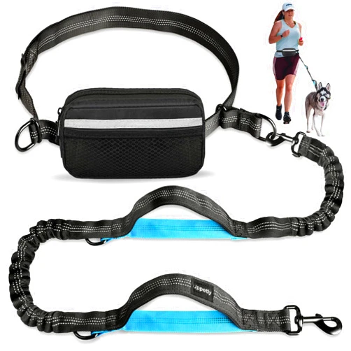 Uppetly Hands Free Dog Running Leash with Zipper Pouch, Dual Handle, Elastic Bungees Retractable Rope for Medium and Large Dogs, Waist Bag Pack Carry All Phones Money for Walking Hiking Biking