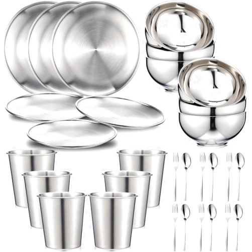 Jinei 30 Pcs 304 Stainless Steel Dinner Set Stainless Steel Plates and Bowls Include Plates Bowls Cups Forks Spoons Utensil Reusable Metal Camping Dinnerware Tableware for Home Picnic Kitchen(Silver)