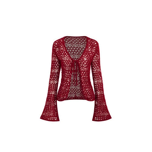 CIDER Womens Cardigans Hollow Out Crochet Bell Long Sleeve Tie Front Cover Ups Vacation Outfits