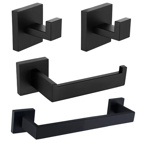 Nolimas 4 Pieces Matte Black Bathroom Hardware Set SUS304 Stainless Steel Square Wall Mounted Including 12Inch Towel Bar, Toilet Tissue Holder, Robe Towel Hooks,Bathroom Accessories Kit
