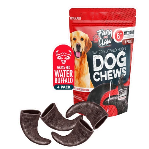 Fang and Claw Water Buffalo Horn Dog Chew 4 Pack (Medium 6 Inch), Long-Lasting Natural Chews for Aggressive Chewers, Single-Ingredient, No Rawhide