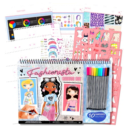 Fashion Angels Fashionista Sketch Set - 40 Sheets and 10 Markers - Design Your Own Fashion Sketch Portfolio - Design and Fashion Sketch Pad with Stencils and 100+ Stickers - Ages 6 and Up