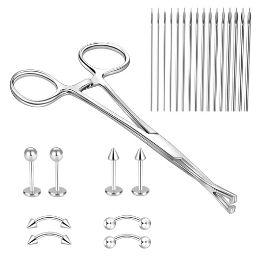 WINSENET 25/33Pcs Body Septum Piercing Kit 10G 12G 14G 16G 18G 20G Stainless Steel Piercing for Nose Tongue Cartilage Eyebrow Belly Button Rings