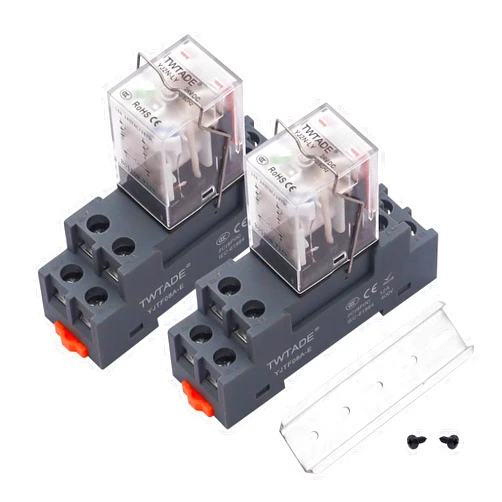 TWTADE/2PCS DC 24V Relay 10A Electromagnetic Power Coil Relay 8 Pins DPDT 2NO 2NC with Indicator Light, Socket Base & DIN Rail -YJ2N-LY
