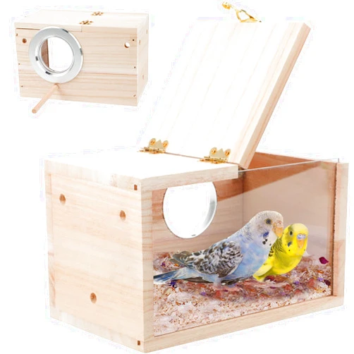 GINDOOR Parakeet Nesting Box Transparent Bird House for Cage Natural Wood Breeding Box for Parrot Parakeet Cockatiel Lovebirds Budgie Conure and Other Small Birds