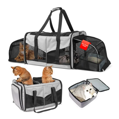 LitaiL Cat Travel Carrier with Litter Boxes for 2 Cats, Double-Compartment Soft Pet Carrier, Expandable Portable Cat Carrier for Car Travel, up to 35 lb Road Trip, Camping, Hiking, Grey