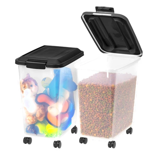 IRIS USA Dog Food Storage Container, 2 Pack, Up to 30 lbs Each, Airtight Seal for Freshness, Wheels for Rolling, Easy One Hand Opening, Made in USA, BPA Free, Clear/Black