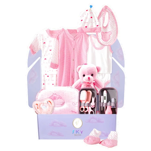 Sky Bliss 20 Piece Baby Gift Set (Pink), Newborn Baby Gift Set, Baby Clothes, Teddy Bear, Pacifier, Baby Grooming kit, Gifts for a New Baby Girl, Baby Girl Newborn Essentials