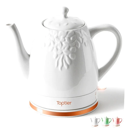 Toptier Electric Ceramic Tea Kettle, Boil Water Quickly and Easily, Detachable Swivel Base & Boil Dry Protection, Carefree Auto Shut Off, 1.5 L, White
