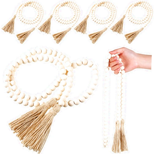 Geetery 6 Pcs Beads 58'' Wood Bead Garland with Tassels Rustic Country Decor Prayer Boho Beads Big Wall Hanging Decor Farmhouse Beads Versatile Prayer Beads for Home Wall Table Decor (White)