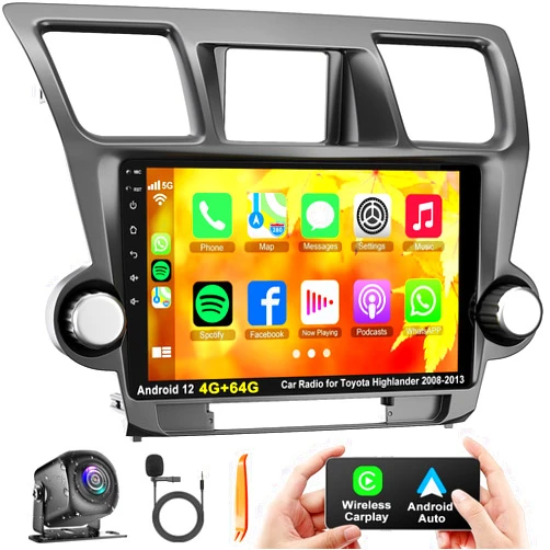 B4U 4G+64G Car Radio Stereo for Toyota Highlander 2008-2013, Wireless Carplay&Android Auto with Android 12 Support Bluetooth/Voice Control/GPS/WiFi/SWC/FM, 10.1 Inch IPS Touch Screen for Highlander