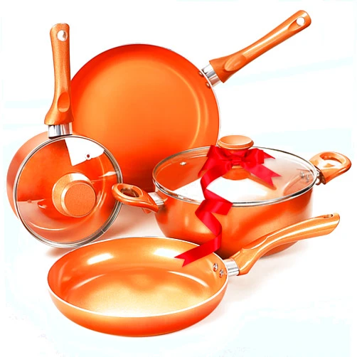 Clockitchen Nonstick Cookware Set - 6 Piece Pots and Pans in Copper Color, Induction Kitchen Cooking Set w/Frying Pans & Saucepans, Ceramic Coating