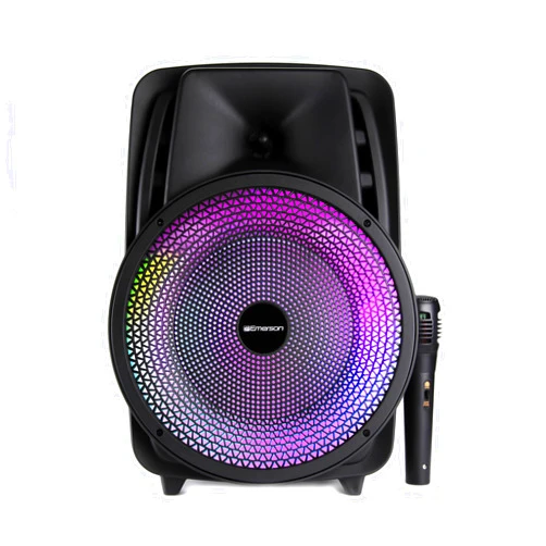 Emerson EDS-8000 Portable Bluetooth Party Speaker with 8” Subwoofer, Multi-Color Disco Lights, USB/TF/AUX Inputs, FM Radio, Mic/Guitar Inputs, Rechargeable Battery, and Built-in Handle