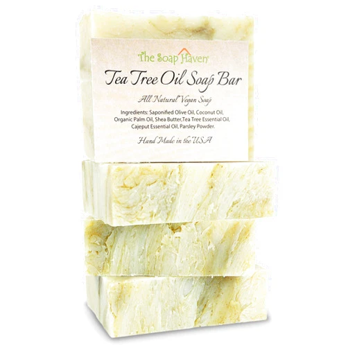The Soap Haven TEA TREE SOAP BAR - 4 Natural Tea Tree Oil Soap Bars for Face, Hand, Foot, Body Wash - Fights Blemishes, Itch, Body Odor. Handmade in USA with Non-GMO Ingredients. 4 Large 4.5 oz Bars