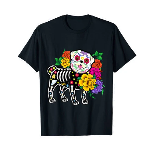 Bone Animal Lover Floral Día De Los Muertos Gift Dog Floral Pug Lover Souls Day Of Dead Dia De Los Muertos T-Shirt