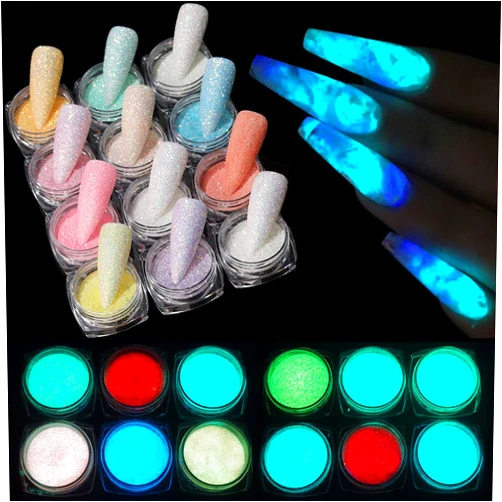 Fcozpjk Glow in The Dark Glitter, 12 Boxes Luminous Pigment Powder Kit, Fluorescent Pigment Powder for Nails, Holographic Sparkle Sugar Coating Mermaid Powder, Ultra Fine Glitter Set