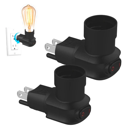 MIKWOAB 2-Pack 3 Prong Outlet to Light Bulb Socket Adapter, E26 E27 Light Bulb Socket, 360° Rotatable Light Bulb Outlet with Switch, for LED Bulb, Light Bulb Camera (ETL Listed, Black)