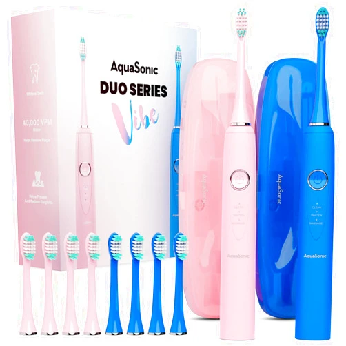Aquasonic Vibe Duo - Dual Handle Ultra Whitening 40,000 VPM Fast Charging Electric ToothBrushes - 3 Modes with Smart Timers - 10 Dupont Brush Heads & 2 Travel Cases Included