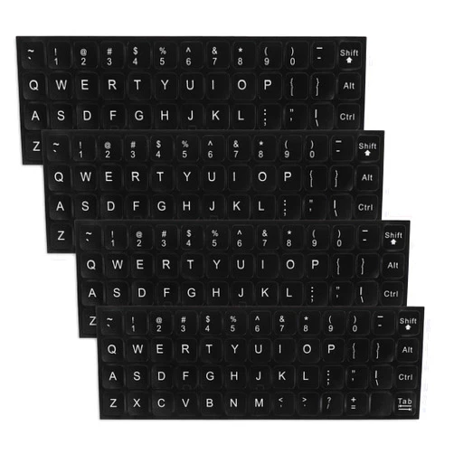 Mozeat Lens English Keyboard Stickers, 4 Pcs Universal Laptop Keyboard Stickers Keyboard Letter Replacement Stickers Matte Black Background and White Lettering Stickers for Computer Laptop Desktop